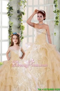 Superior Beading and Ruffled Layers and Ruching 15 Quinceanera Dress Champagne Lace Up Sleeveless Floor Length