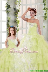 Glorious Light Yellow Sleeveless Beading and Ruffled Layers and Ruching Floor Length Ball Gown Prom Dress