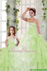 Inexpensive Yellow Green Strapless Neckline Beading and Ruffled Layers and Ruching Quinceanera Dress Sleeveless Lace Up