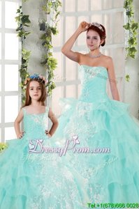 Flirting Aqua Blue Organza Lace Up 15 Quinceanera Dress Sleeveless Floor Length Beading and Ruffled Layers and Ruching