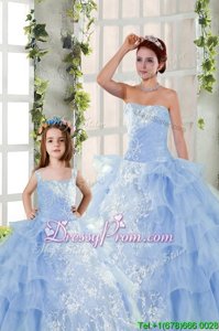 Clearance Floor Length Blue Sweet 16 Quinceanera Dress Organza Sleeveless Spring and Summer and Fall and Winter Embroidery and Ruffled Layers