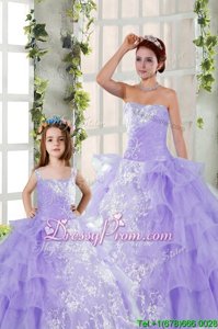 Edgy Floor Length Lavender Quinceanera Gown Organza Sleeveless Spring and Summer and Fall Embroidery and Ruffled Layers