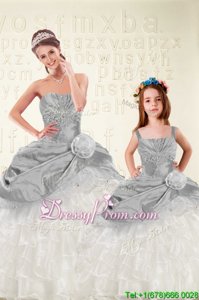 Captivating Grey Sleeveless Beading and Ruffled Layers and Hand Made Flower Floor Length Sweet 16 Dress