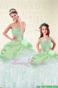 Fine Sleeveless Organza and Taffeta Floor Length Lace Up Sweet 16 Dress inSpring Green forSpring and Summer and Fall and Winter withBeading and Ruffled Layers and Hand Made Flower