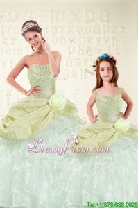 Colorful Yellow Green Sweetheart Neckline Beading and Ruffled Layers and Hand Made Flower Quinceanera Gowns Sleeveless Lace Up
