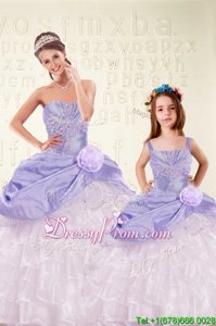 Luxury Sleeveless Floor Length Beading and Ruffled Layers and Hand Made Flower Lace Up Quinceanera Gowns with Lavender