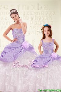Decent Purple Sleeveless Floor Length Beading and Ruffled Layers and Hand Made Flower Lace Up Quinceanera Gown