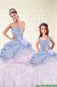 Exceptional Light Blue Organza and Taffeta Lace Up Sweetheart Sleeveless Floor Length Ball Gown Prom Dress Beading and Ruffled Layers and Hand Made Flower