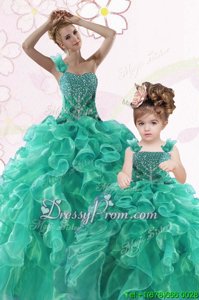 Modern Organza One Shoulder Sleeveless Lace Up Beading and Ruffles Quinceanera Dress inTurquoise