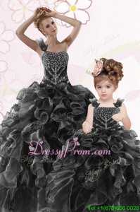 Black Sleeveless Floor Length Beading and Ruffles Lace Up Quince Ball Gowns