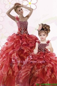 Chic Coral Red Ball Gowns One Shoulder Sleeveless Organza Floor Length Lace Up Beading and Ruffles Quinceanera Dresses