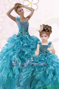 Luxurious Teal Sweet 16 Dresses Military Ball and Sweet 16 and Quinceanera and For withBeading and Ruffles One Shoulder Sleeveless Lace Up