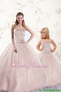 Chic Baby Pink Ball Gowns Tulle Sweetheart Sleeveless Beading Floor Length Lace Up Ball Gown Prom Dress