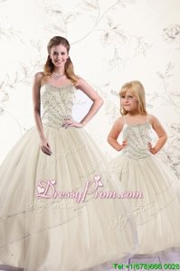 Beauteous Champagne Ball Gowns Tulle Sweetheart Sleeveless Beading Floor Length Lace Up 15 Quinceanera Dress