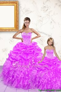 Spectacular Lilac Sleeveless Floor Length Beading and Ruffles and Pick Ups Lace Up Quinceanera Gown