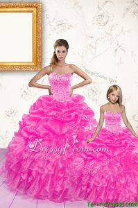 Hot Pink Lace Up 15th Birthday Dress Beading and Ruffles and Pick Ups Sleeveless Floor Length