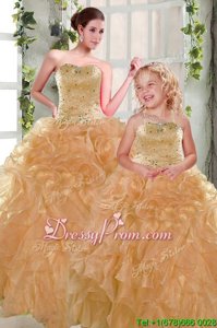 Nice Orange Sleeveless Beading and Ruffles Floor Length Vestidos de Quinceanera