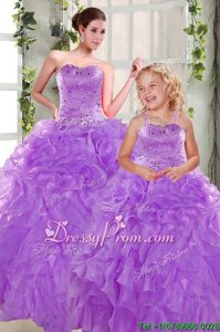 Noble Purple Ball Gowns Strapless Sleeveless Organza Floor Length Lace Up Beading and Ruffles 15 Quinceanera Dress