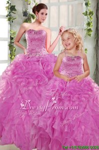 Lilac Strapless Lace Up Beading and Ruffles Quince Ball Gowns Sleeveless