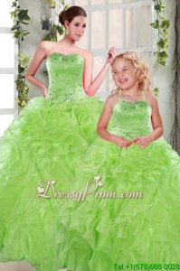 Low Price Floor Length Spring Green Quince Ball Gowns Organza Sleeveless Spring and Summer and Fall and Winter Beading and Ruffles