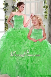 Green Organza Lace Up Sweetheart Sleeveless Floor Length 15th Birthday Dress Beading and Ruffles