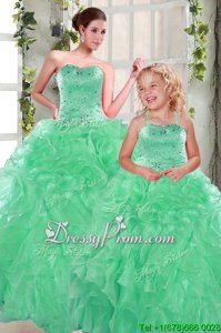 Affordable Sleeveless Organza Floor Length Lace Up Quinceanera Gown inApple Green forSpring and Summer and Fall and Winter withBeading and Ruffles