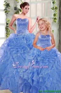 Sweetheart Sleeveless 15th Birthday Dress Floor Length Beading and Ruffles Blue Organza