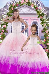 Sleeveless Floor Length Beading Lace Up Quinceanera Dress with Multi-color