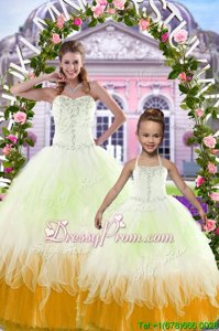 Most Popular Multi-color Lace Up Ball Gown Prom Dress Beading and Ruffles Sleeveless Floor Length