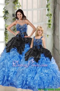 Fabulous Black and Blue Sleeveless Organza Lace Up Sweet 16 Dress forMilitary Ball and Sweet 16 and Quinceanera