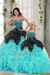 Designer Black and Turquoise Lace Up Sweetheart Beading and Ruffles Sweet 16 Quinceanera Dress Organza Sleeveless