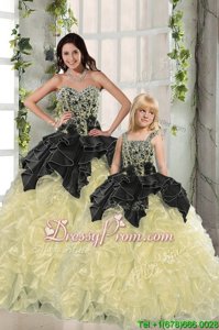 Stunning Organza Sweetheart Sleeveless Lace Up Beading and Ruffles 15th Birthday Dress inBlack and Light Yellow