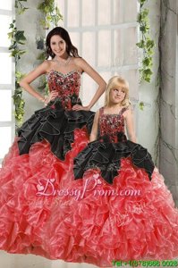 Great Sweetheart Sleeveless Lace Up Quinceanera Gown Red And Black Organza