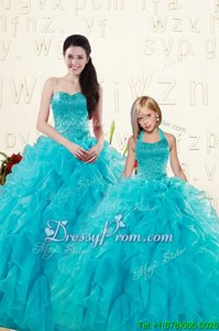 Unique Aqua Blue Ball Gowns Beading and Ruffles Quinceanera Dress Lace Up Organza Sleeveless Floor Length