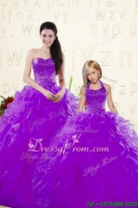 Classical Eggplant Purple 15 Quinceanera Dress Military Ball and Sweet 16 and Quinceanera and For withBeading and Ruffles Sweetheart Sleeveless Lace Up