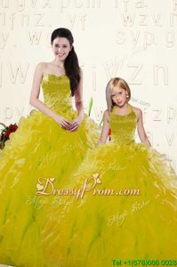 Romantic Sleeveless Organza Floor Length Lace Up 15th Birthday Dress inYellow forSpring and Summer and Fall and Winter withBeading and Ruffles