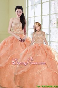 Glamorous Orange Ball Gowns Organza Sweetheart Sleeveless Beading and Sequins Floor Length Lace Up Sweet 16 Dresses