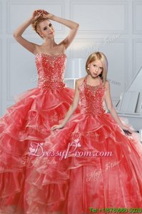 Coral Red Sweetheart Lace Up Beading and Ruffled Layers Quinceanera Dresses Sleeveless