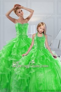 Sweet Floor Length Spring Green Quince Ball Gowns Organza Sleeveless Spring and Summer and Fall and Winter Beading and Ruffled Layers
