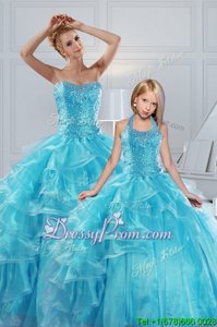 Trendy Aqua Blue Sleeveless Floor Length Beading and Ruffled Layers Lace Up Quinceanera Dresses