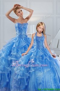 On Sale Baby Blue Sleeveless Floor Length Beading and Ruffled Layers Lace Up Vestidos de Quinceanera