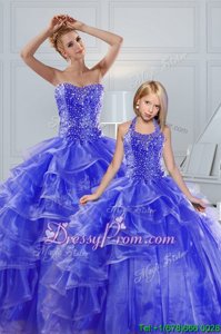High Quality Floor Length Lace Up Quinceanera Gown Blue and In forMilitary Ball and Sweet 16 and Quinceanera withBeading and Ruffled Layers