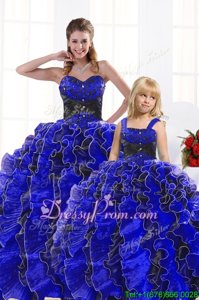 Sweetheart Sleeveless Ball Gown Prom Dress Floor Length Beading and Appliques and Ruffles Royal Blue Organza