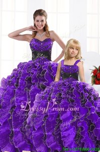 Eye-catching Navy Blue Ball Gowns Beading and Appliques and Ruffles Ball Gown Prom Dress Lace Up Organza Sleeveless Floor Length