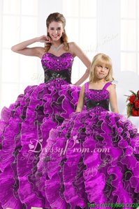 Affordable Sleeveless Beading and Appliques and Ruffles Lace Up Quince Ball Gowns