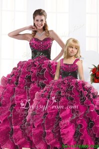 Sweet Hot Pink Ball Gowns Sweetheart Sleeveless Organza Floor Length Lace Up Beading and Appliques and Ruffles Quinceanera Dress