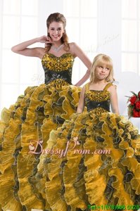 Clearance Gold Ball Gowns Sweetheart Sleeveless Organza Floor Length Lace Up Beading and Appliques and Ruffles Quinceanera Dresses
