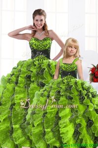 Excellent Olive Green Lace Up Sweetheart Beading and Appliques and Ruffles 15th Birthday Dress Organza Sleeveless