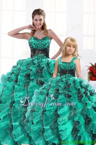 High Class Turquoise Sleeveless Floor Length Beading and Appliques and Ruffles Lace Up Ball Gown Prom Dress