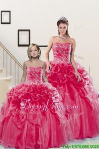 Dazzling Coral Red Sleeveless Beading and Pick Ups Floor Length Sweet 16 Quinceanera Dress